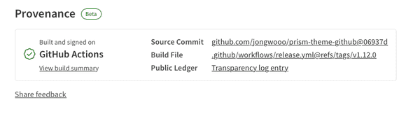 GitHub Actions를 통하여 게시된 provenance